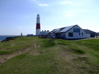 Portland Bill Lighthouse and the Lobster Pot restaurant.