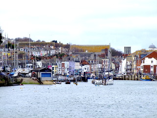 Weymouth harbour seen from the Stone Pier on the Nothe side of Weymouth. 